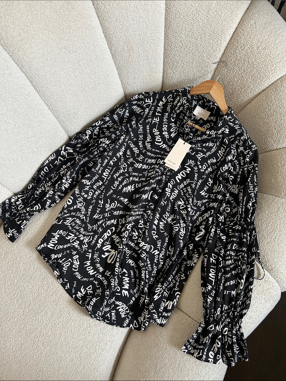 cinq a sept Black & White Script Button-Front Blouse